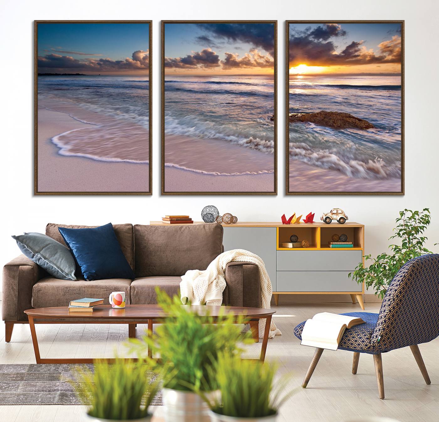 13631-MGV-CV-36X24-Sunset Beach Waves Canvas Wall Art – Triptych Ocean Print – Coastal Sunset Decor for Living Room or