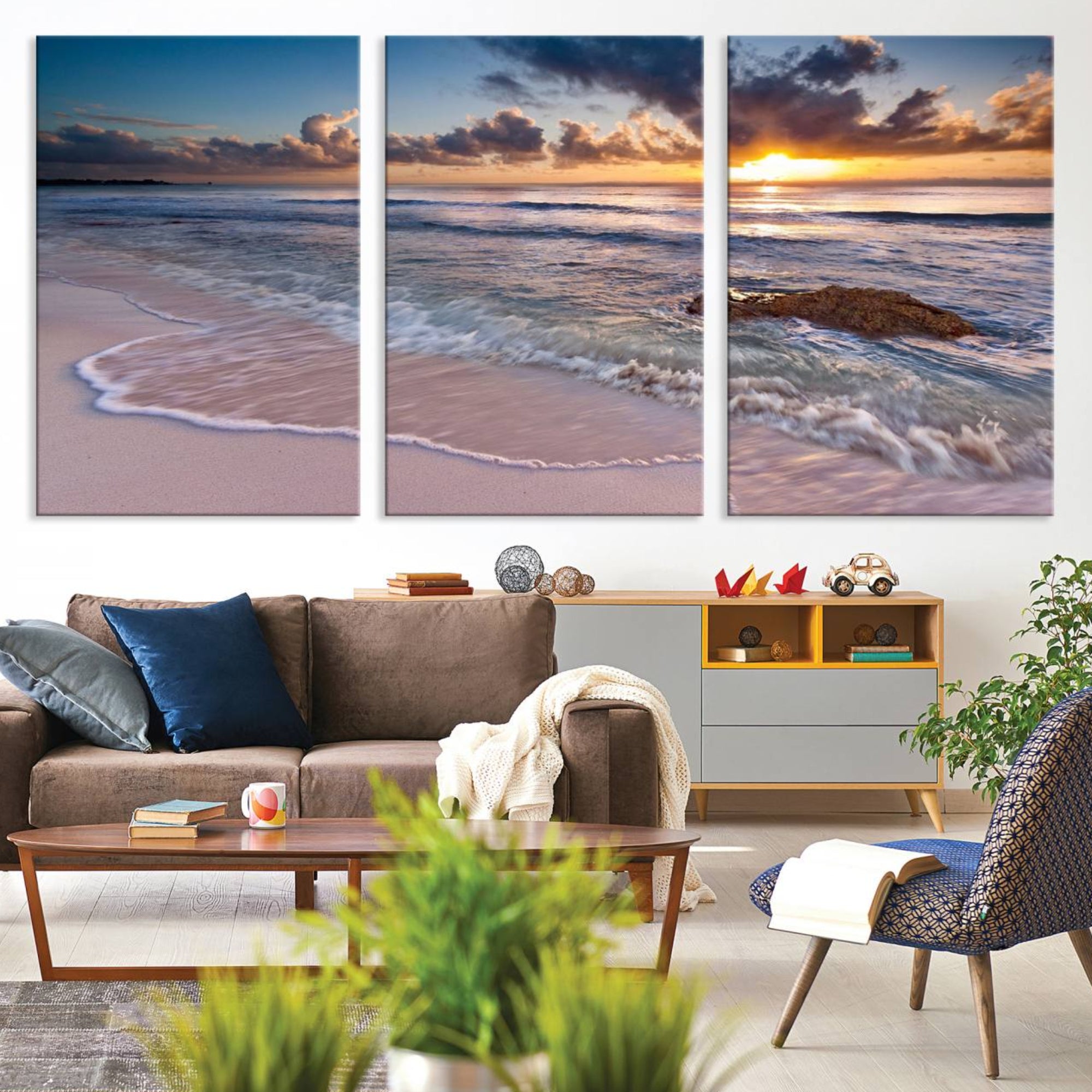 13631-MGV-CV-36X24-Sunset Beach Waves Canvas Wall Art – Triptych Ocean Print – Coastal Sunset Decor for Living Room or