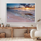 13631-MGV-FC-36X24_White-Sunset Beach Waves Canvas Wall Art – Triptych Ocean Print – Coastal Sunset Decor for Living Room or Office – Ready to Hang