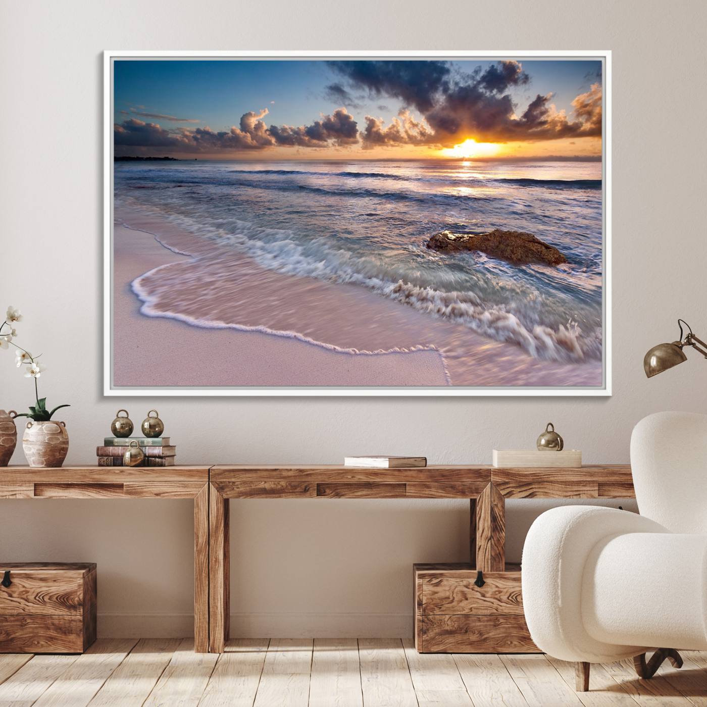 13631-MGV-FC-36X24_White-Sunset Beach Waves Canvas Wall Art – Triptych Ocean Print – Coastal Sunset Decor for Living Room or Office – Ready to Hang
