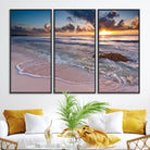 13631-MGV-FC-48X32-3P_Black-Sunset Beach Waves Canvas Wall Art – Triptych Ocean Print – Coastal Sunset Decor for Living Room or Office – Ready to Hang