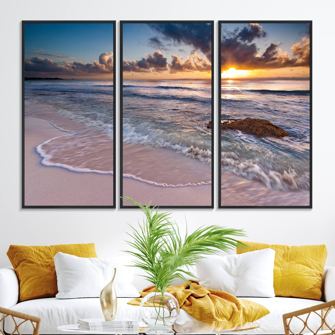 13631-MGV-FC-48X32-3P_Black-Sunset Beach Waves Canvas Wall Art – Triptych Ocean Print – Coastal Sunset Decor for Living Room or Office – Ready to Hang