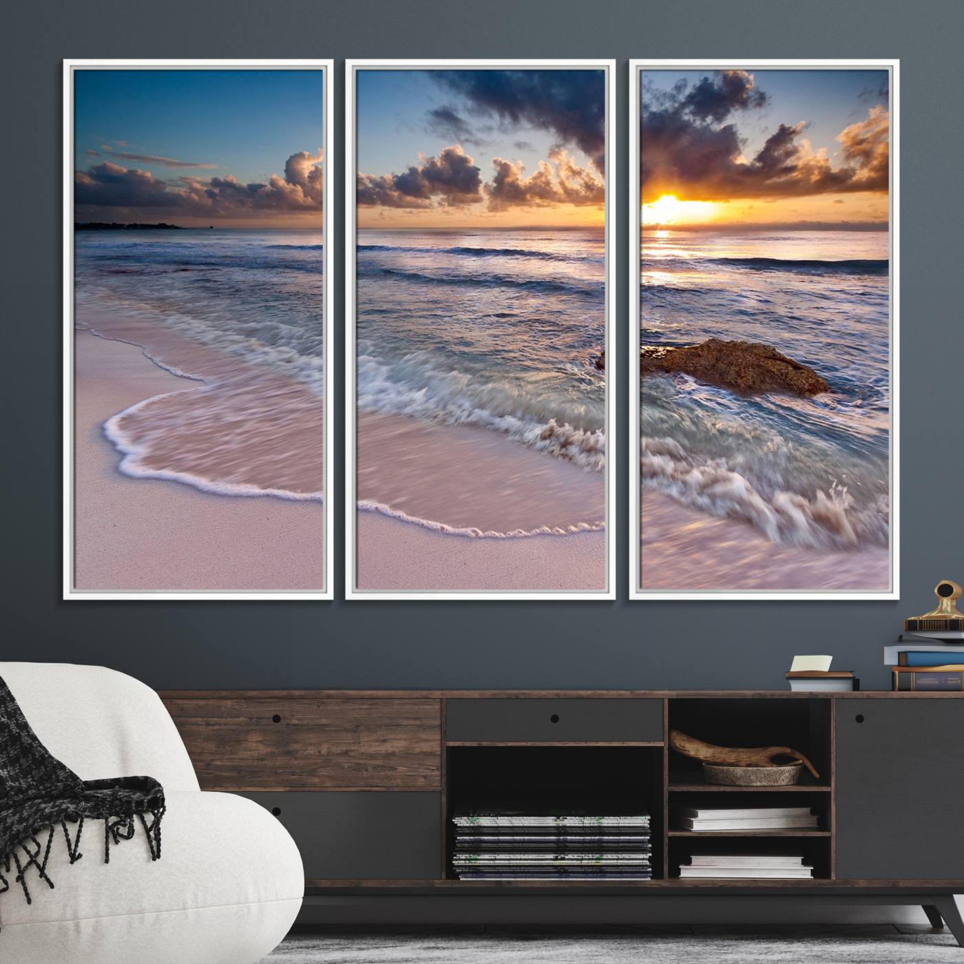 13631-MGV-FC-48X32-3P_White-Sunset Beach Waves Canvas Wall Art – Triptych Ocean Print – Coastal Sunset Decor for Living Room or Office – Ready to Hang