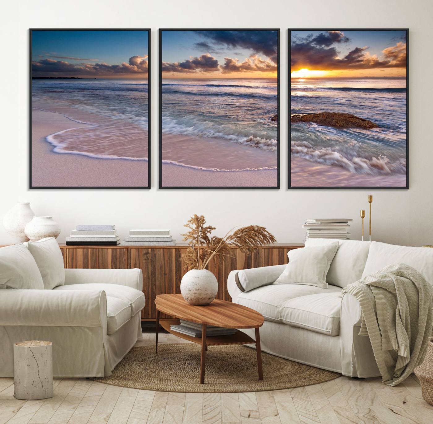 13631-MGV-FC-60X30-3P_Black-Sunset Beach Waves Canvas Wall Art – Triptych Ocean Print – Coastal Sunset Decor for Living Room or