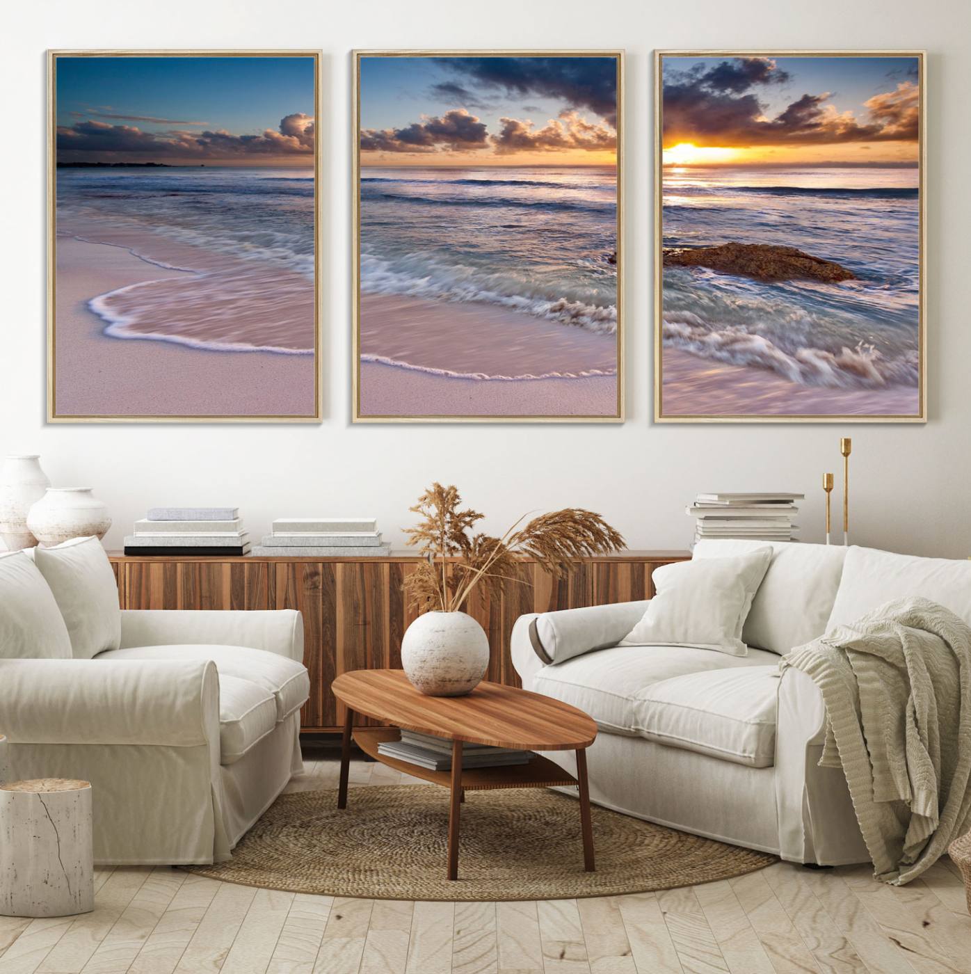 13631-MGV-FC-60X30-3P_Natural-Sunset Beach Waves Canvas Wall Art – Triptych Ocean Print – Coastal Sunset Decor for Living Room or