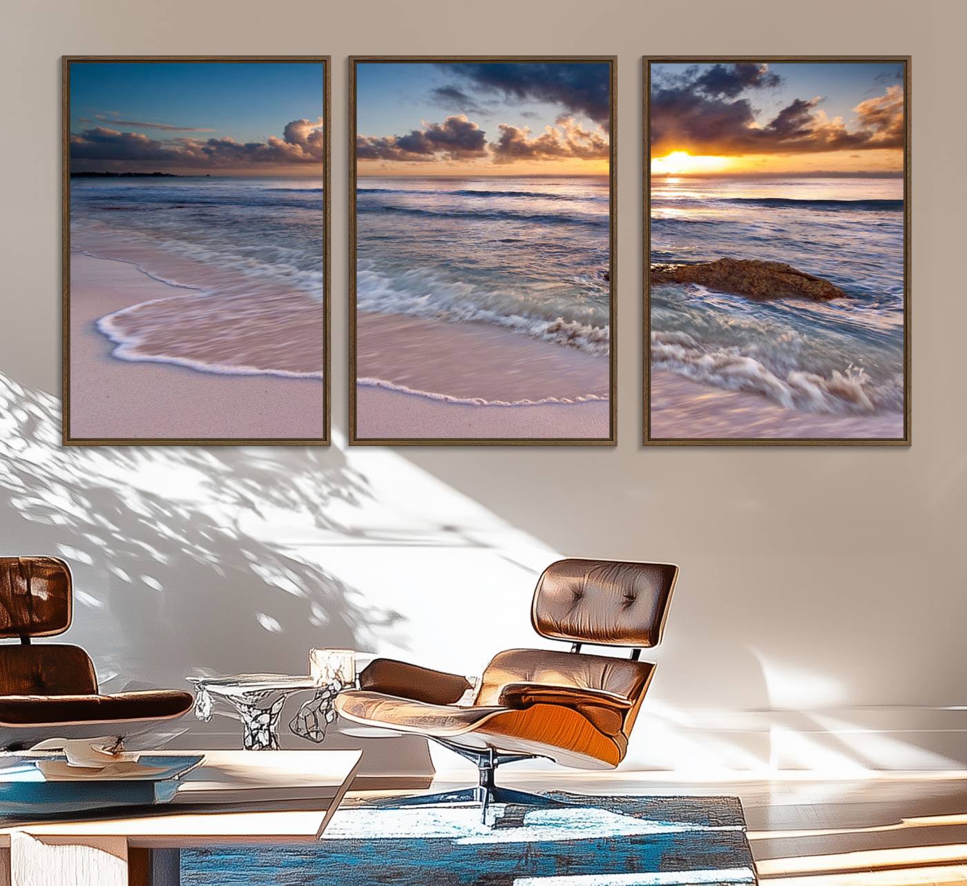 13631-MGV-FC-60X30-3P_Walnut-Sunset Beach Waves Canvas Wall Art – Triptych Ocean Print – Coastal Sunset Decor for Living Room or