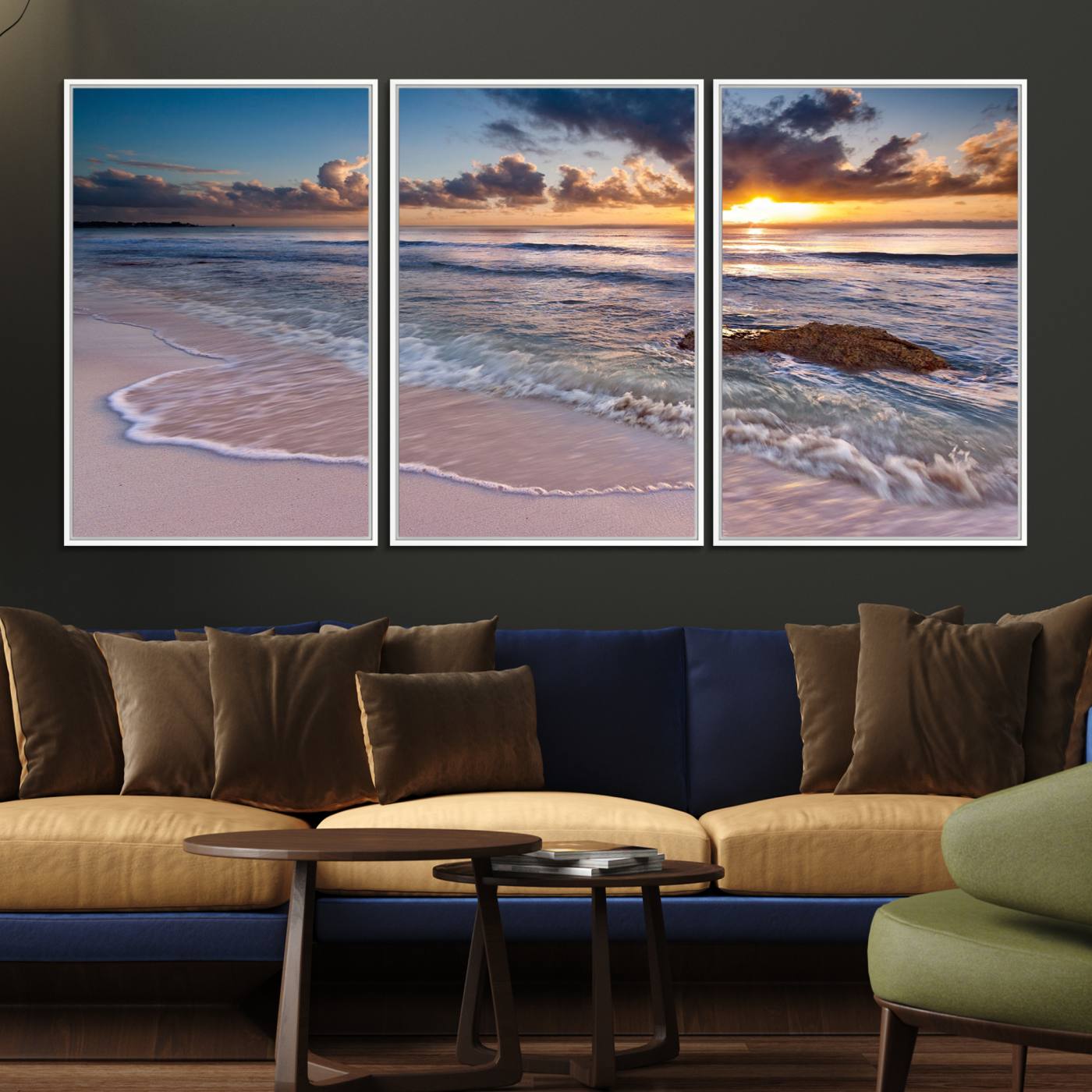13631-MGV-FC-60X30-3P_White-Sunset Beach Waves Canvas Wall Art – Triptych Ocean Print – Coastal Sunset Decor for Living Room or Office – Ready to Hang