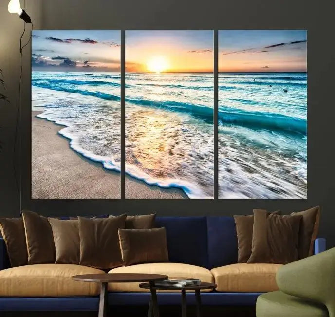 Sunset Beach Waves Canvas Wall Art – 5-Panel Ocean Sunset Print – Coastal Decor for Living Room or Bedroom – Ready to Hang