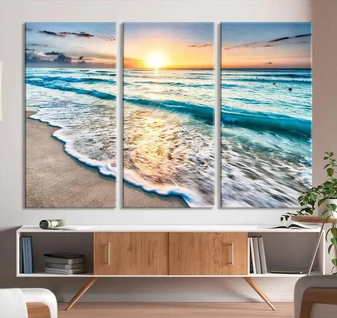 Sunset Beach Waves Canvas Wall Art – 5-Panel Ocean Sunset Print – Coastal Decor for Living Room or Bedroom – Ready to Hang