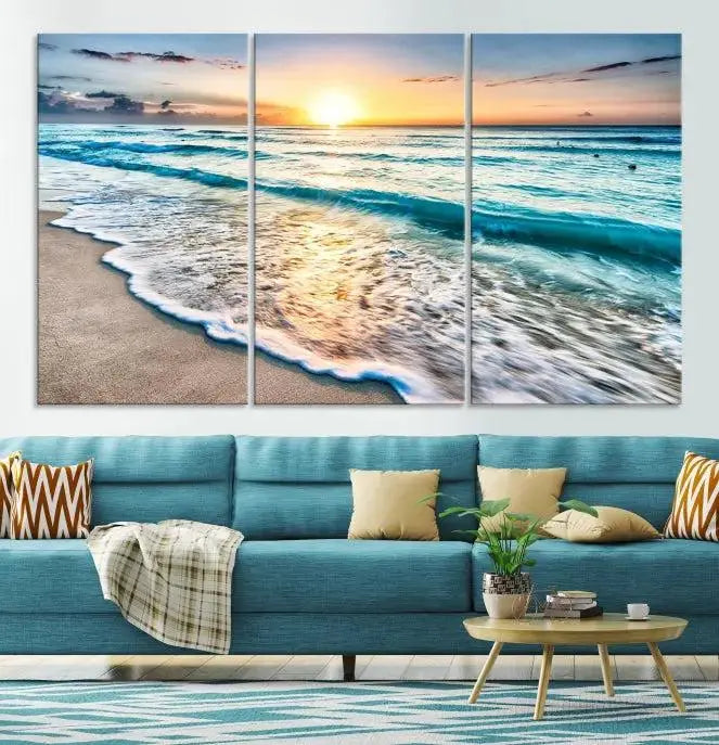 Sunset Beach Waves Canvas Wall Art – 5-Panel Ocean Sunset Print – Coastal Decor for Living Room or Bedroom – Ready to Hang