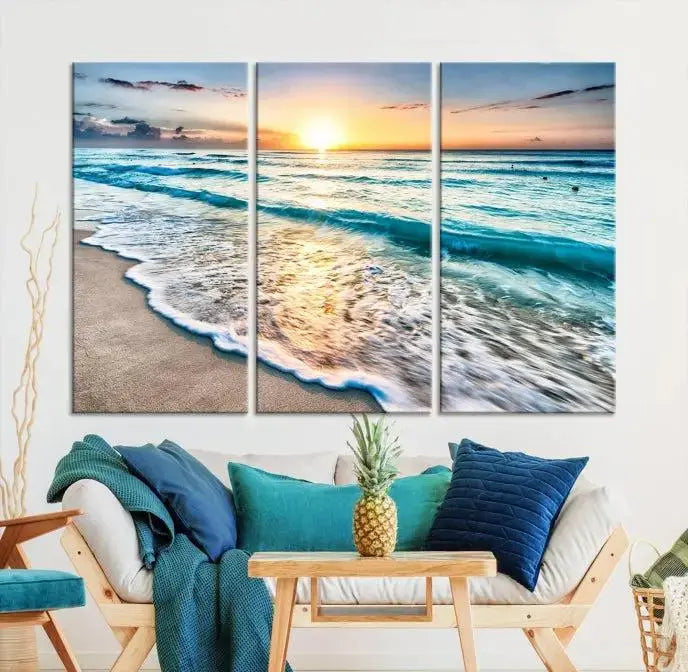 Sunset Beach Waves Canvas Wall Art – 5-Panel Ocean Sunset Print – Coastal Decor for Living Room or Bedroom – Ready to Hang