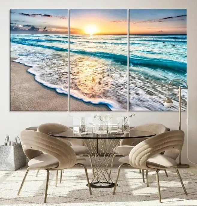 Sunset Beach Waves Canvas Wall Art – 5-Panel Ocean Sunset Print – Coastal Decor for Living Room or Bedroom – Ready to Hang