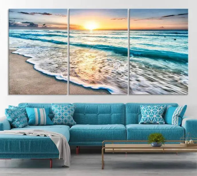 Sunset Beach Waves Canvas Wall Art – 5-Panel Ocean Sunset Print – Coastal Decor for Living Room or Bedroom – Ready to Hang
