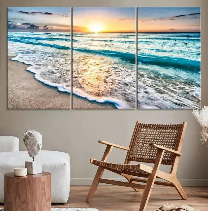 Sunset Beach Waves Canvas Wall Art – 5-Panel Ocean Sunset Print – Coastal Decor for Living Room or Bedroom – Ready to Hang