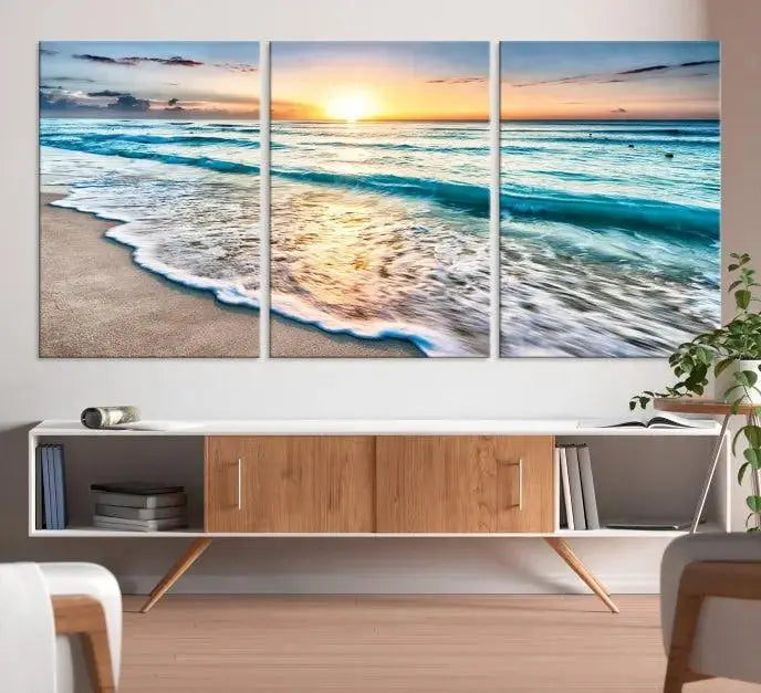 Sunset Beach Waves Canvas Wall Art – 5-Panel Ocean Sunset Print – Coastal Decor for Living Room or Bedroom – Ready to Hang