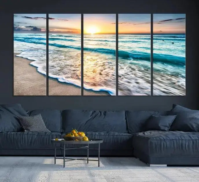 The living room features the Sunset Beach Waves Canvas Wall Art—an ocean sunset print spread over five panels that enhance your space with coastal decor. Cozy, nature-themed elements add warmth and charm to the ambiance.
