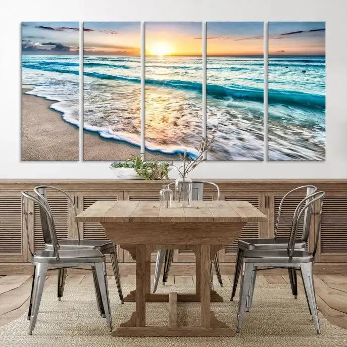 The living room features the Sunset Beach Waves Canvas Wall Art—an ocean sunset print spread over five panels that enhance your space with coastal decor. Cozy, nature-themed elements add warmth and charm to the ambiance.