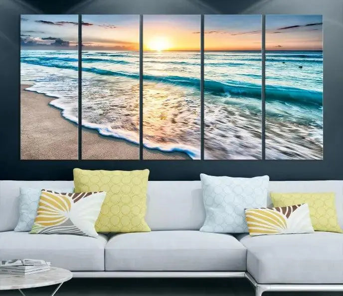 The living room features the Sunset Beach Waves Canvas Wall Art—an ocean sunset print spread over five panels that enhance your space with coastal decor. Cozy, nature-themed elements add warmth and charm to the ambiance.