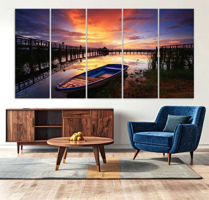 The "Sunset Boat Scene on Lake Triptych" beautifully captures a vibrant sunset over a calm lake. This tranquil scene, featuring serene reflections and surrounded by reeds, is printed on premium giclee canvas with Canon print quality. The gallery wrap design enhances every detail of tranquility.