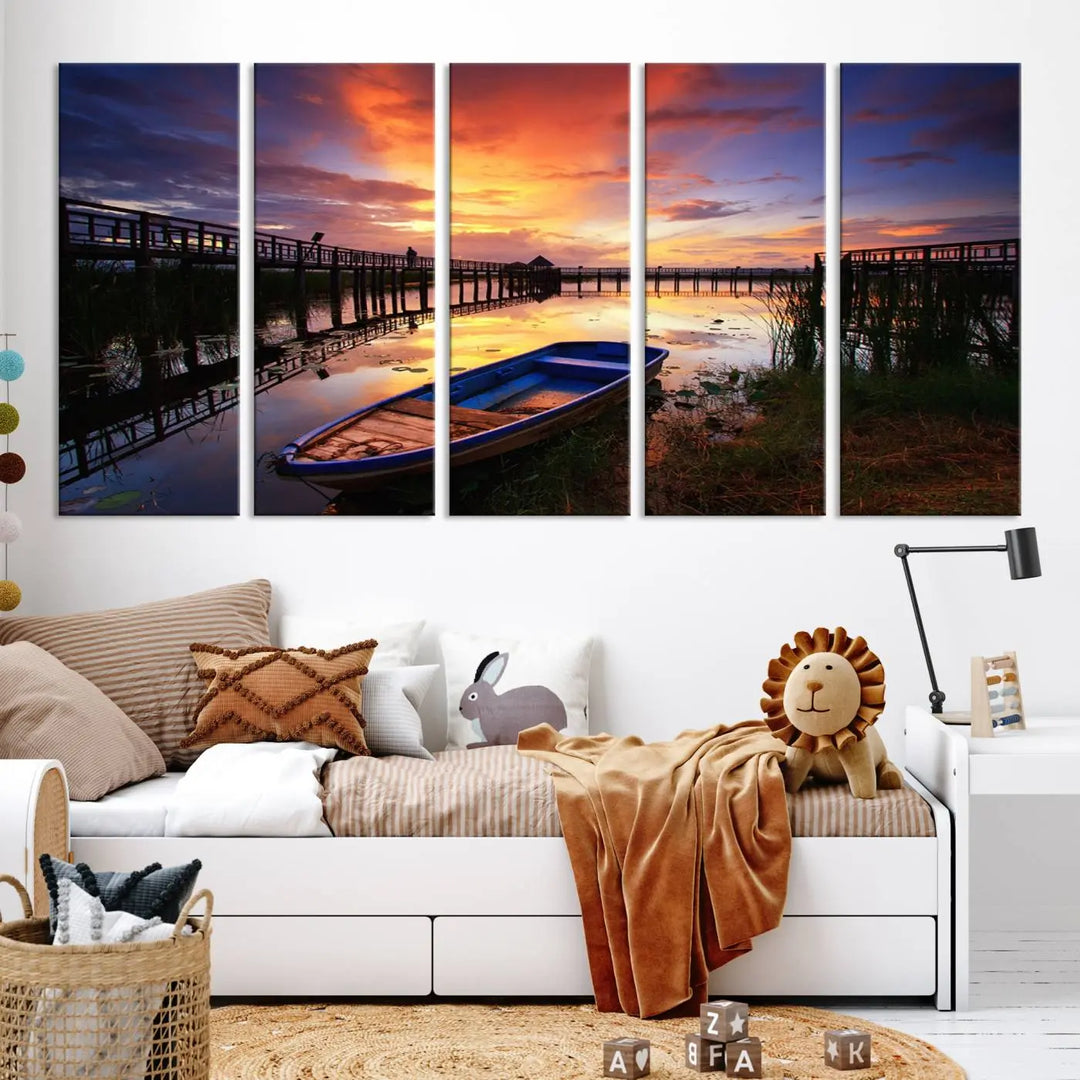 The "Sunset Boat Scene on Lake Triptych" beautifully captures a vibrant sunset over a calm lake. This tranquil scene, featuring serene reflections and surrounded by reeds, is printed on premium giclee canvas with Canon print quality. The gallery wrap design enhances every detail of tranquility.