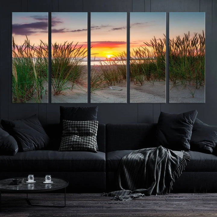 A set of three "Sunset Coastal Beach Wall Art Canvas Prints," featuring a beach sunset with tall grasses, gallery wrapped on museum-quality canvases.