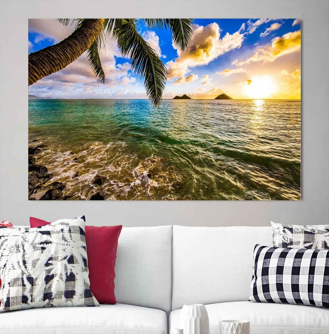 The Sunset Lake View Wall Art Canvas Print, gallery wrapped on a museum-quality canvas, enhances the vibrant living room decor with its UV-protective coating.