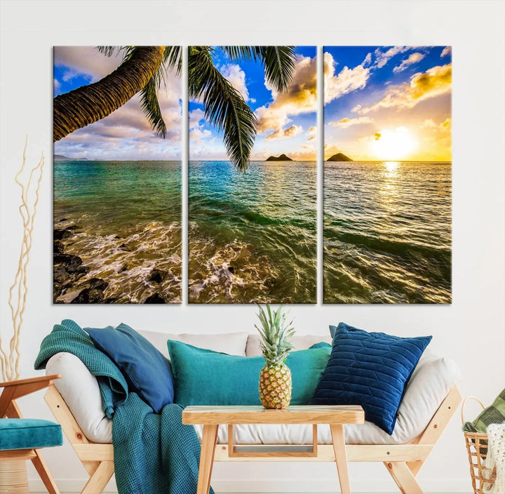 The Sunset Lake View Wall Art Canvas Print, gallery wrapped on a museum-quality canvas, enhances the vibrant living room decor with its UV-protective coating.