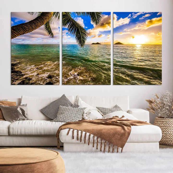 The Sunset Lake View Wall Art Canvas Print, gallery wrapped on a museum-quality canvas, enhances the vibrant living room decor with its UV-protective coating.