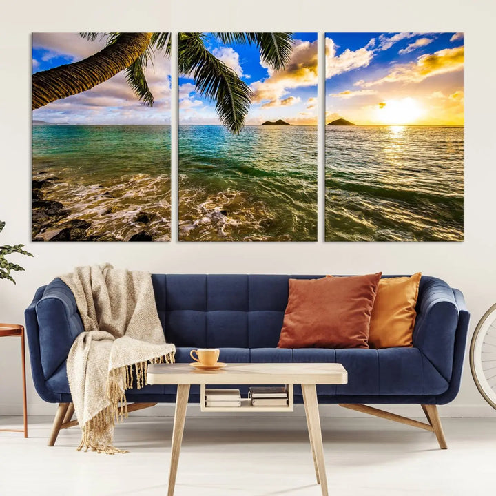 The Sunset Lake View Wall Art Canvas Print, gallery wrapped on a museum-quality canvas, enhances the vibrant living room decor with its UV-protective coating.