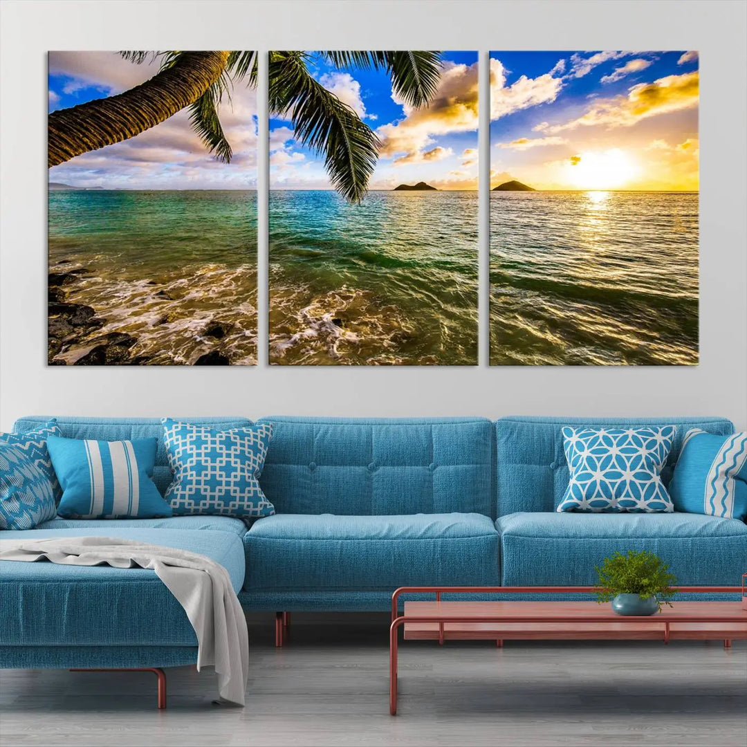 The Sunset Lake View Wall Art Canvas Print, gallery wrapped on a museum-quality canvas, enhances the vibrant living room decor with its UV-protective coating.