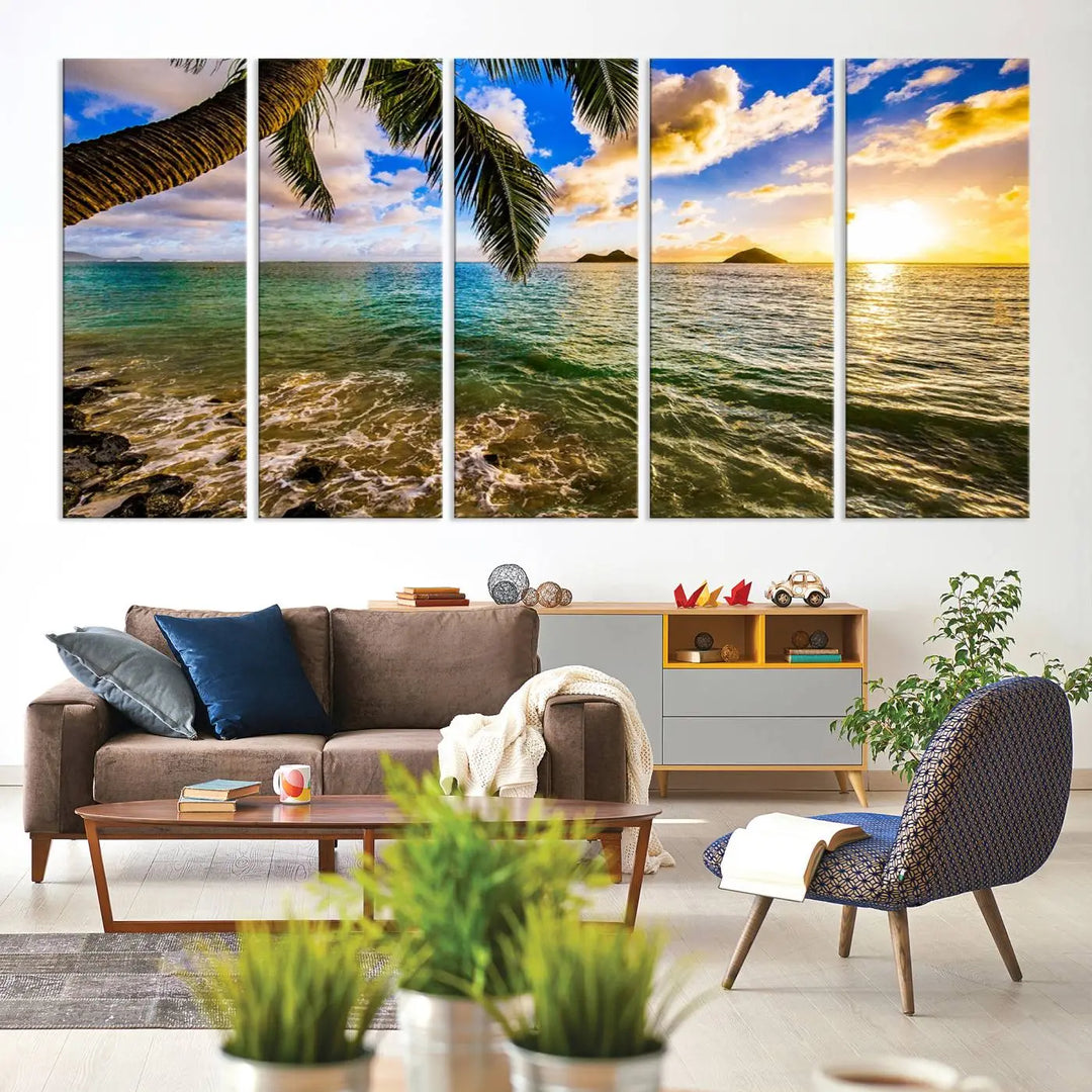 The Sunset Lake View Wall Art Canvas Print, gallery wrapped on a museum-quality canvas, enhances the vibrant living room decor with its UV-protective coating.