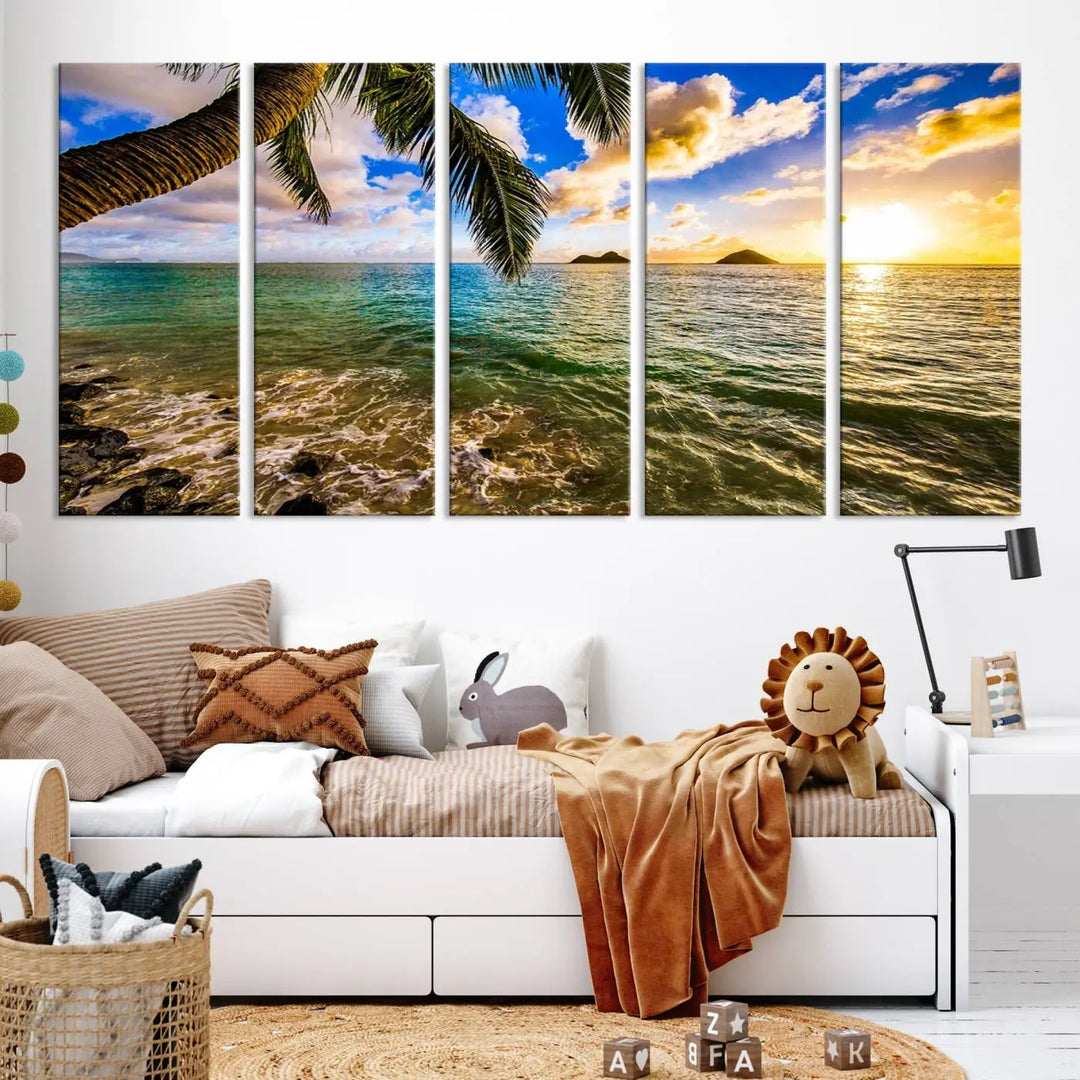 The Sunset Lake View Wall Art Canvas Print, gallery wrapped on a museum-quality canvas, enhances the vibrant living room decor with its UV-protective coating.