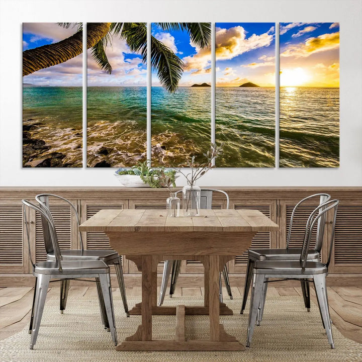 The Sunset Lake View Wall Art Canvas Print, gallery wrapped on a museum-quality canvas, enhances the vibrant living room decor with its UV-protective coating.