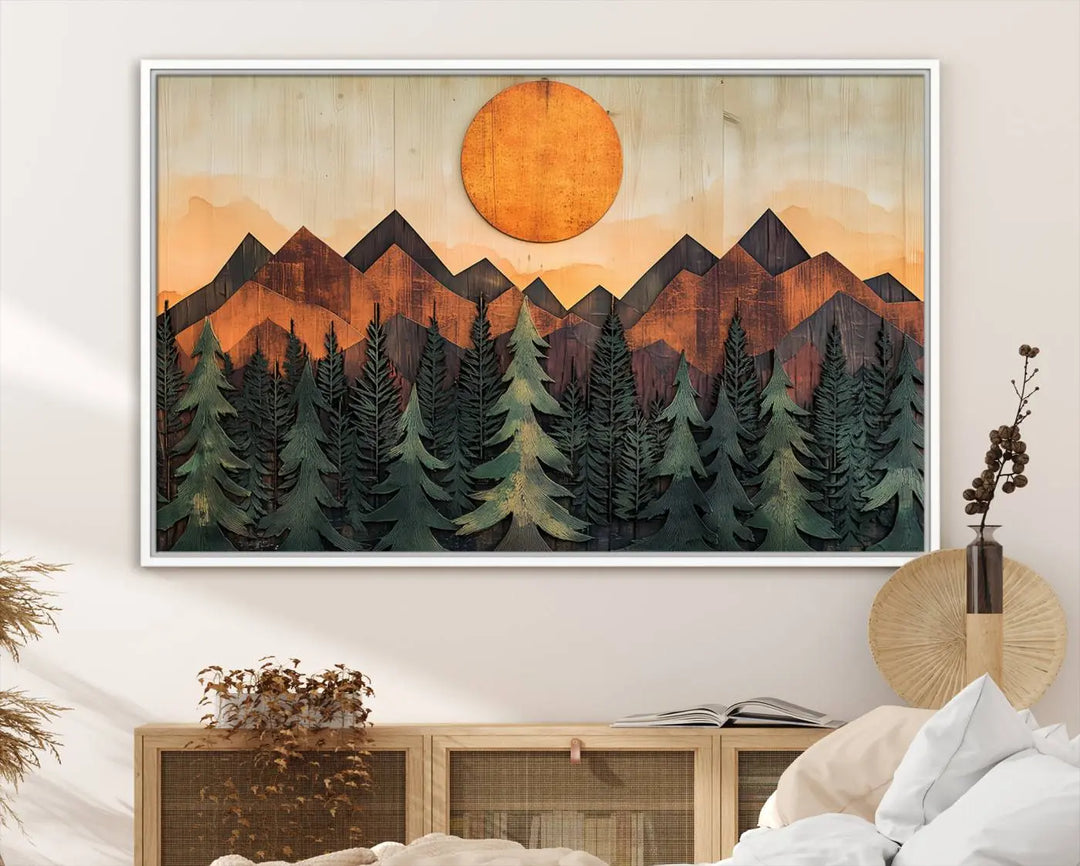 The Sunset Mountain Landscape Canvas Wall Art Print offers stunning nature-inspired wall decor, beautifully capturing a sunset mountain landscape over forests.