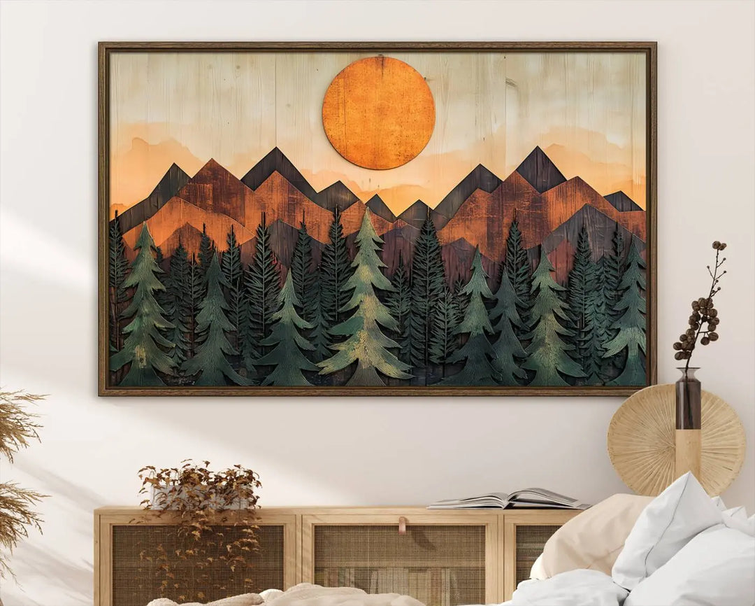 The Sunset Mountain Landscape Canvas Wall Art Print offers stunning nature-inspired wall decor, beautifully capturing a sunset mountain landscape over forests.