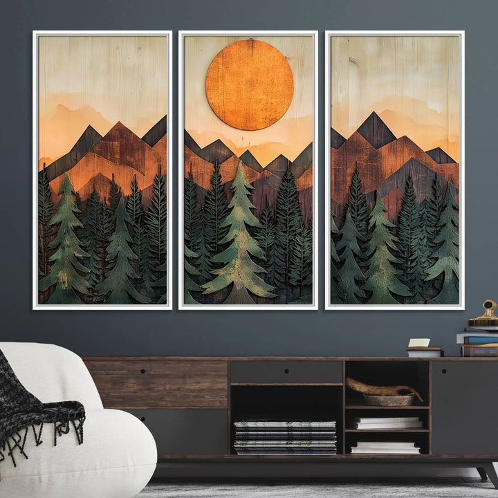 The Sunset Mountain Landscape Canvas Wall Art Print offers stunning nature-inspired wall decor, beautifully capturing a sunset mountain landscape over forests.