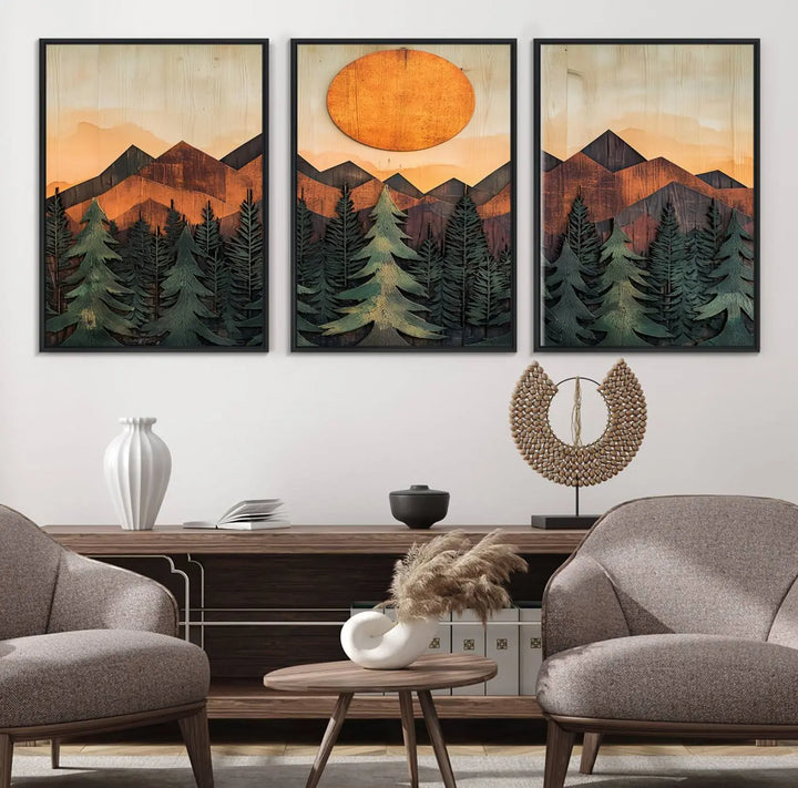 The Sunset Mountain Landscape Canvas Wall Art Print offers stunning nature-inspired wall decor, beautifully capturing a sunset mountain landscape over forests.