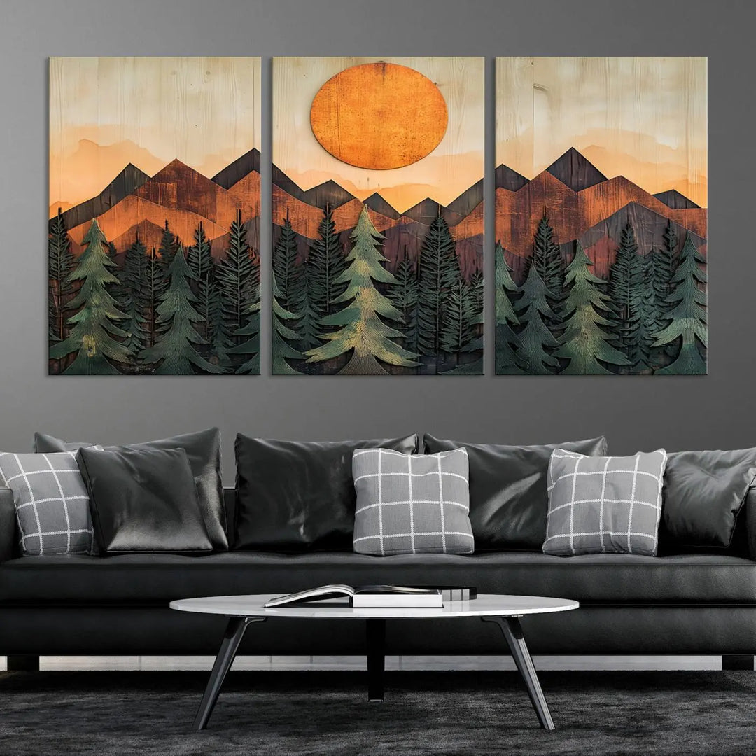 The Sunset Mountain Landscape Canvas Wall Art Print offers stunning nature-inspired wall decor, beautifully capturing a sunset mountain landscape over forests.