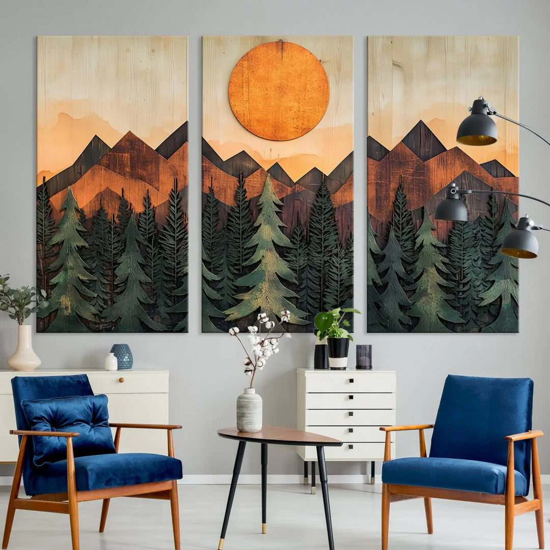 The Sunset Mountain Landscape Canvas Wall Art Print offers stunning nature-inspired wall decor, beautifully capturing a sunset mountain landscape over forests.