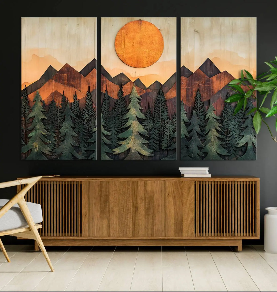 The Sunset Mountain Landscape Canvas Wall Art Print offers stunning nature-inspired wall decor, beautifully capturing a sunset mountain landscape over forests.