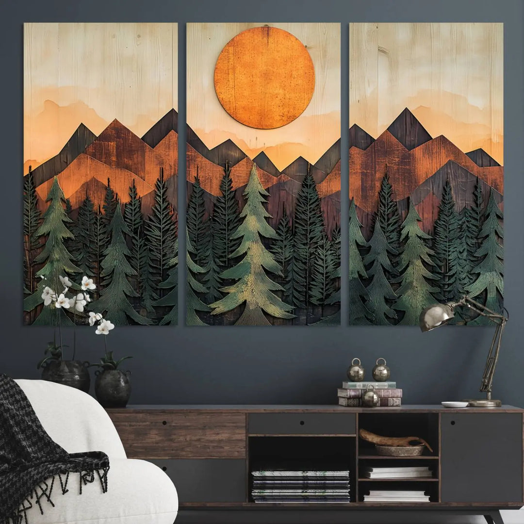 The Sunset Mountain Landscape Canvas Wall Art Print offers stunning nature-inspired wall decor, beautifully capturing a sunset mountain landscape over forests.