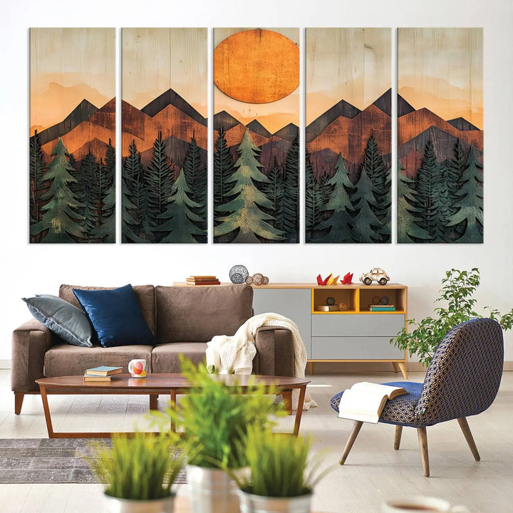 The Sunset Mountain Landscape Canvas Wall Art Print offers stunning nature-inspired wall decor, beautifully capturing a sunset mountain landscape over forests.