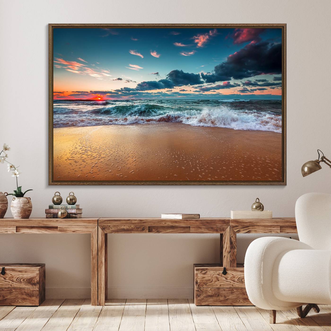 46642-MGV-FC-36X24_Walnut-Sunset Ocean Beach Wall Art – Giclee Canvas Print, Coastal Seascape, Ready to Hang, Beach Decor, Large 3-Panel Set for Living Room