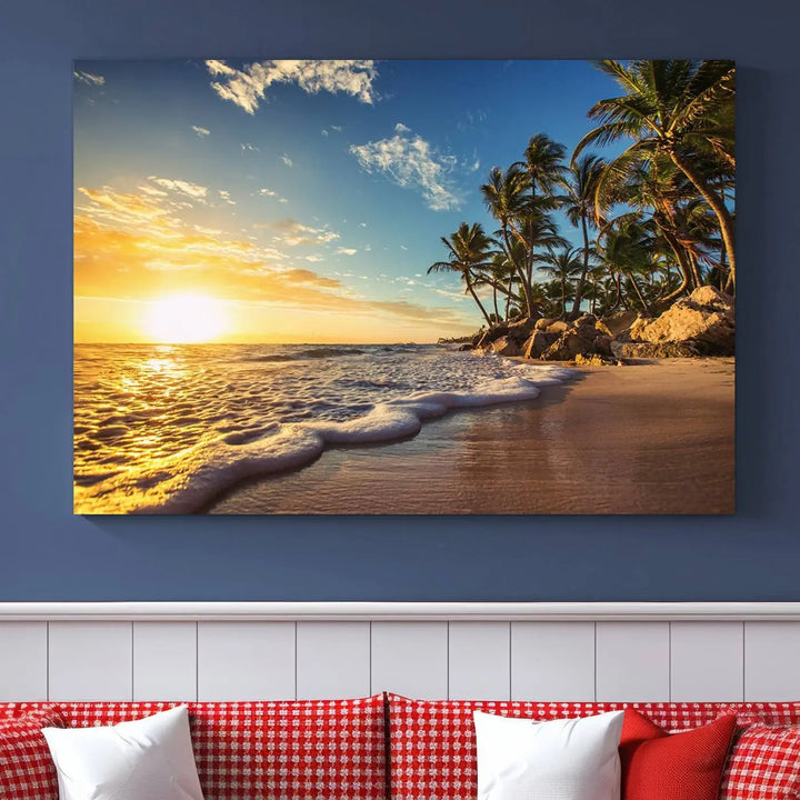 The wall features a Sunset Ocean View Beach Canvas Print, showcasing museum-quality craftsmanship by professional artisans.