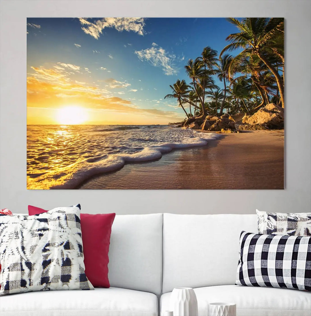 The wall features a Sunset Ocean View Beach Canvas Print, showcasing museum-quality craftsmanship by professional artisans.