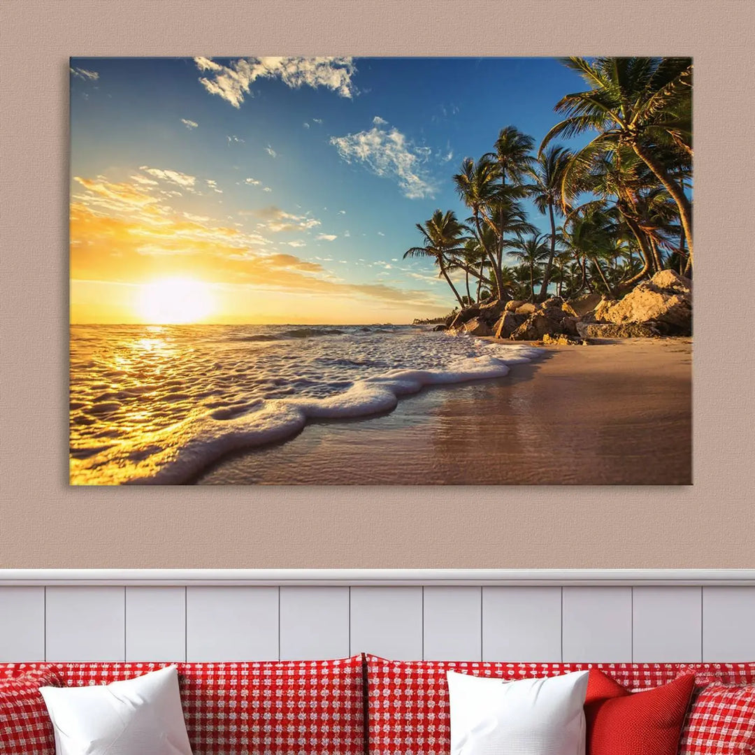 The wall features a Sunset Ocean View Beach Canvas Print, showcasing museum-quality craftsmanship by professional artisans.