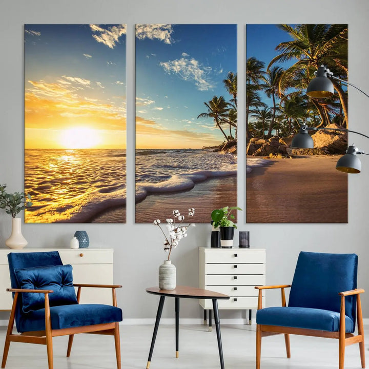 The wall features a Sunset Ocean View Beach Canvas Print, showcasing museum-quality craftsmanship by professional artisans.