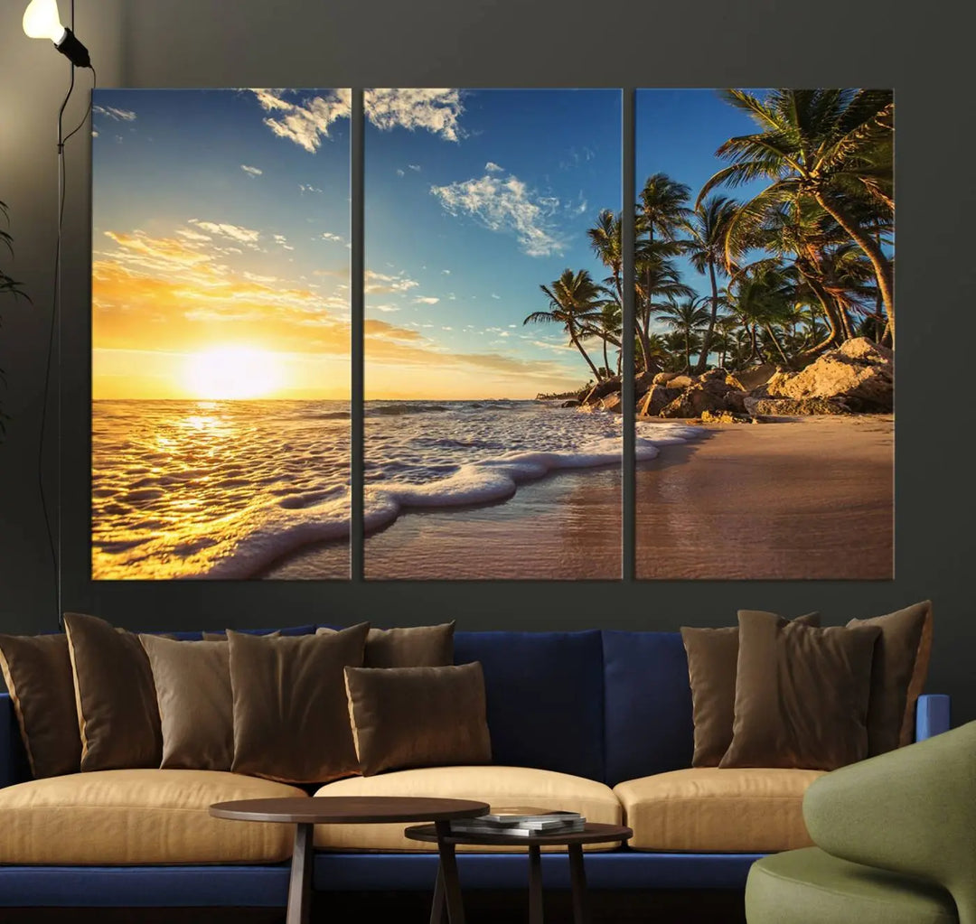 The wall features a Sunset Ocean View Beach Canvas Print, showcasing museum-quality craftsmanship by professional artisans.