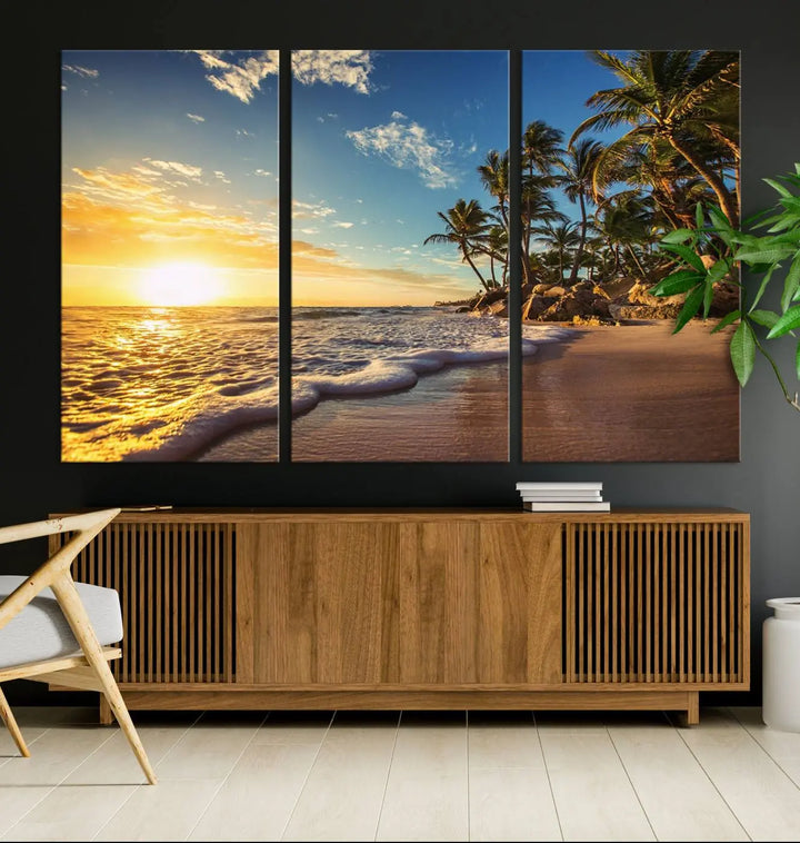 The wall features a Sunset Ocean View Beach Canvas Print, showcasing museum-quality craftsmanship by professional artisans.