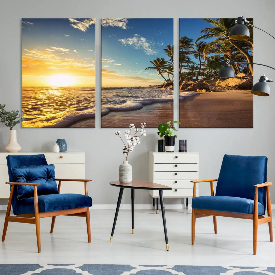 The wall features a Sunset Ocean View Beach Canvas Print, showcasing museum-quality craftsmanship by professional artisans.